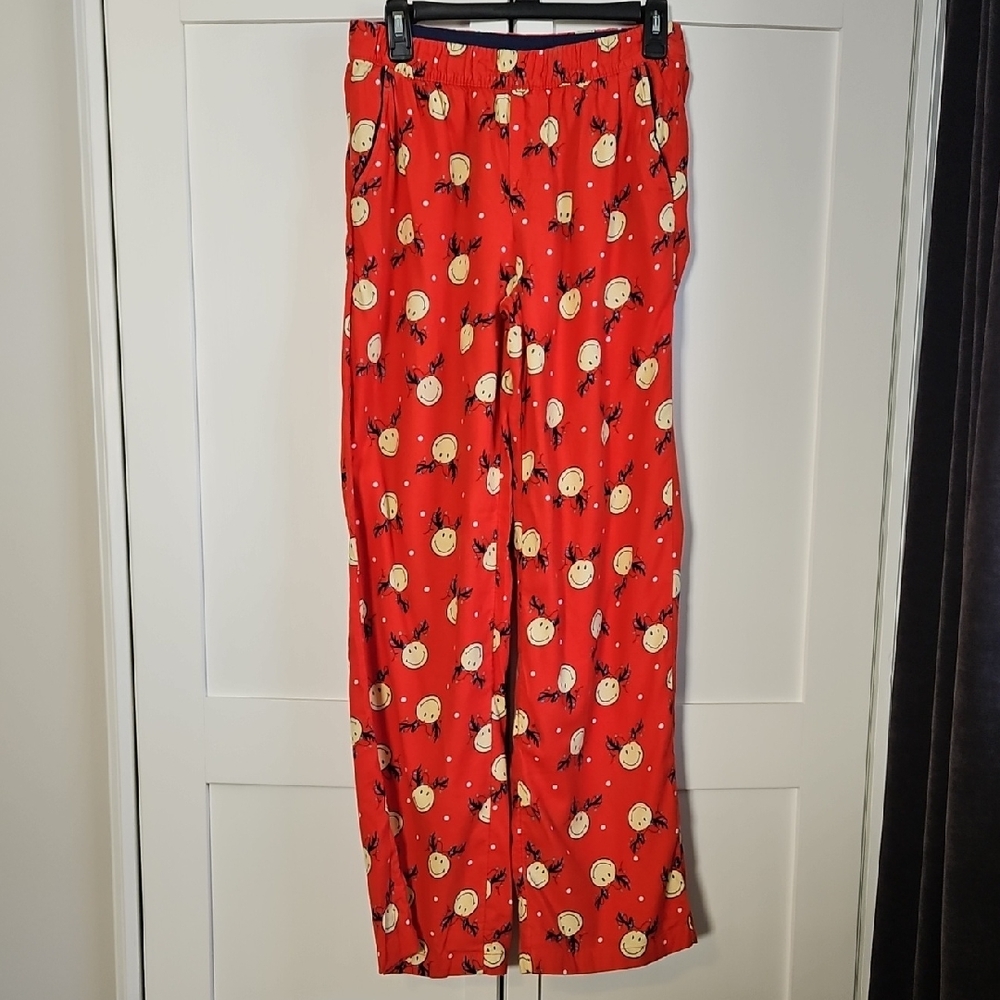 Aerie Red Pajama Pants with Yellow Smiley Faces